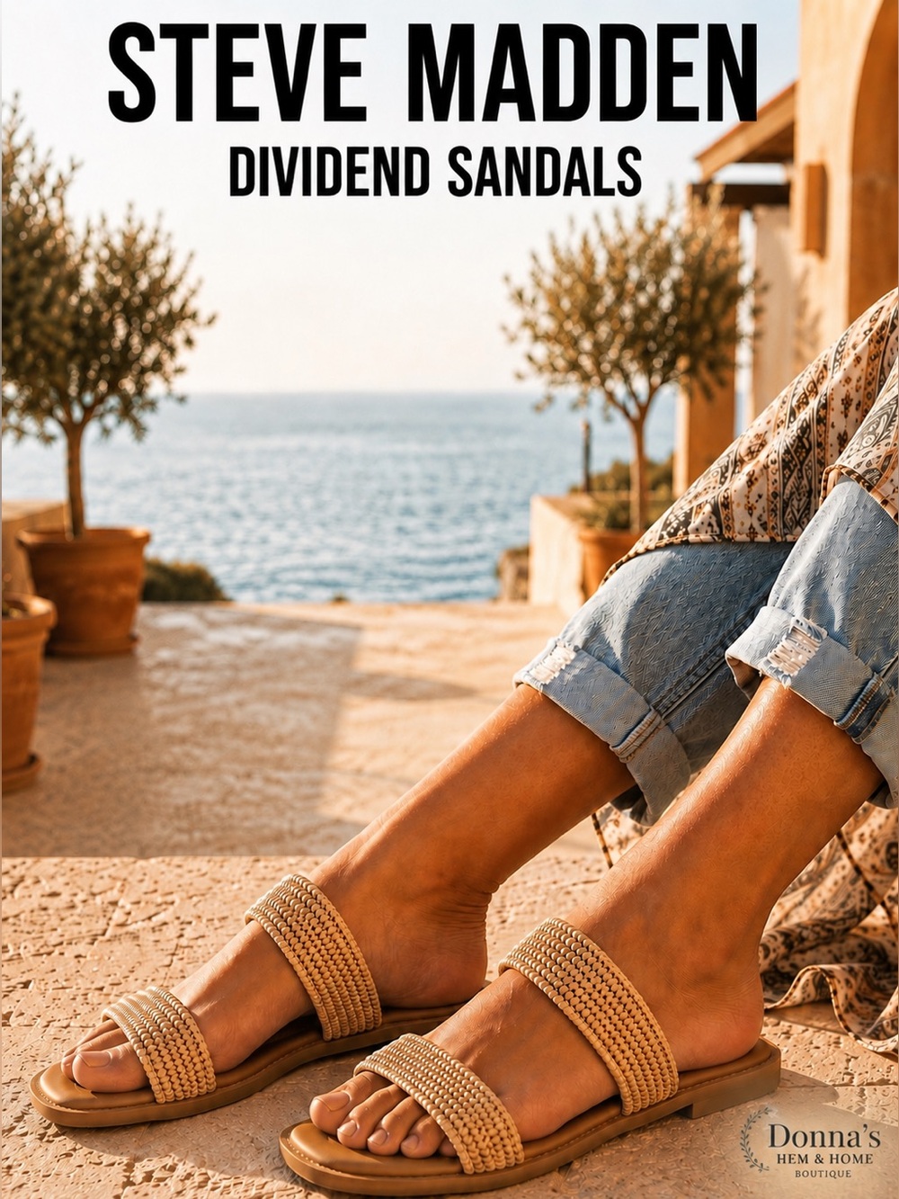 STEVE MADDEN “Dividend” Tan Raffia Straw Double-Strap Slide Sandal NWOB